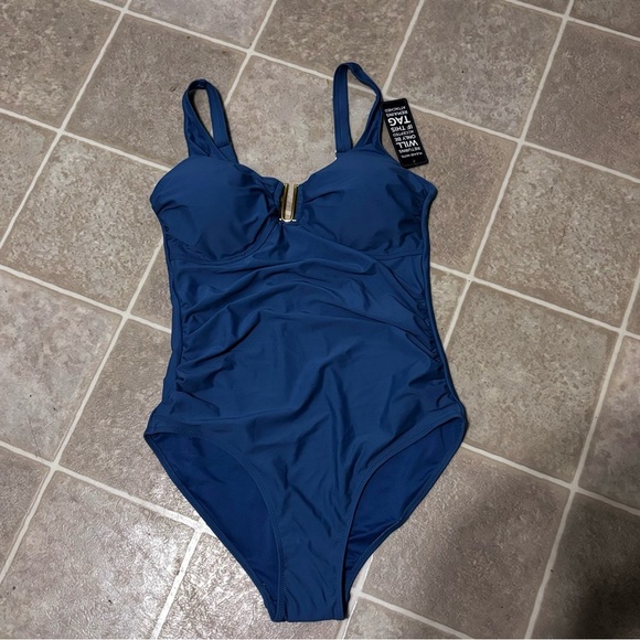 Chic Blue One-Piece Swimsuit with Gold Accent - Picture 5 of 9